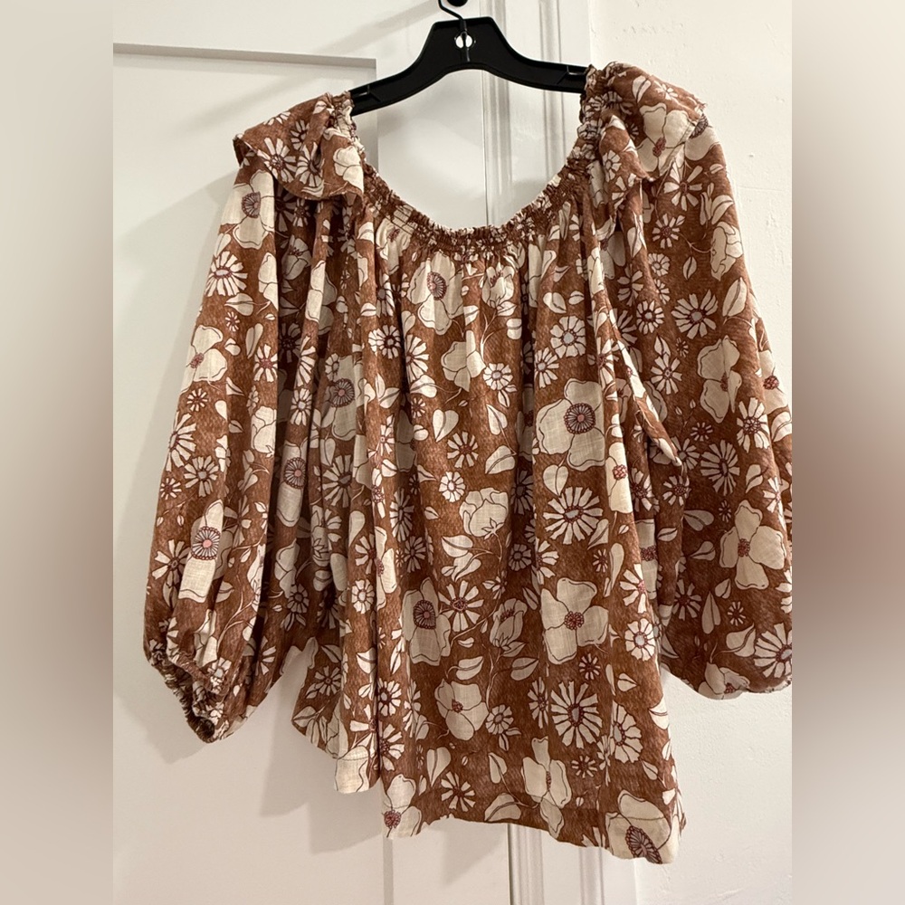 Free People brown puff sleeve blouse w/ cream floral pattern - Picture 9 of 12